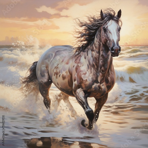 A white horse is running in the water of the beach Ai generated art