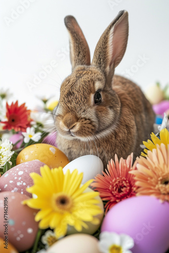 Abstract defocused Easter scene - rabbit and decorated eggs in flower field © Anna