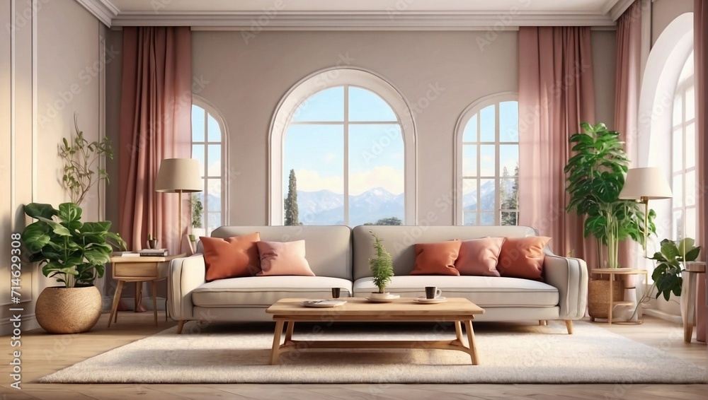 photo of family room decoration with a large sofa with a large window made by AI generative photo of family room decoration with a large sofa with a large window made by AI generative