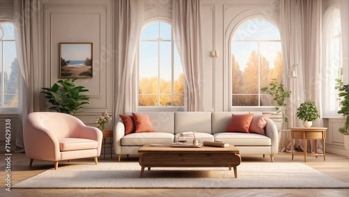 photo of family room decoration with a large sofa with a large window made by AI generative © M.Taufiq