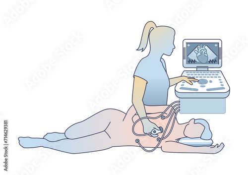 Echocardiogram or echo exam for heart disease diagnosis outline diagram, transparent background. Labeled educational scheme with patient scan process and professional cardiologist.