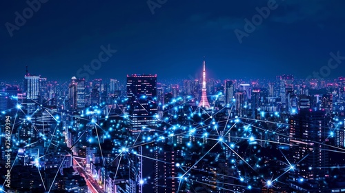Modern city with wireless network connection and city scape concept.Wireless network and Connection technology concept with city background at night photo