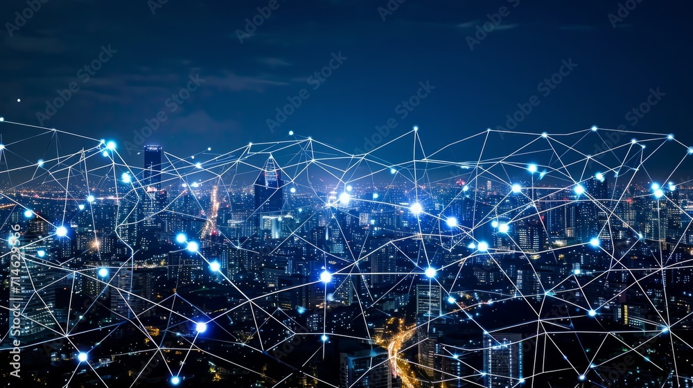Modern city with wireless network connection and city scape concept.Wireless network and Connection technology concept with city background at night - obrazy, fototapety, plakaty 