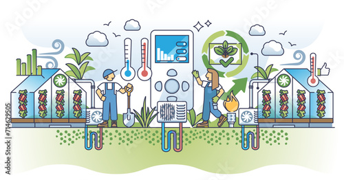 HVAC services for effective greenhouses air flow automation outline concept, transparent background. Agriculture automation with smart and innovative temperature and humidity control illustration.