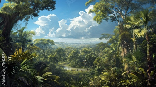  a painting of a lush green jungle with a river running through the center of the picture and clouds in the sky over the top of the trees and below it.