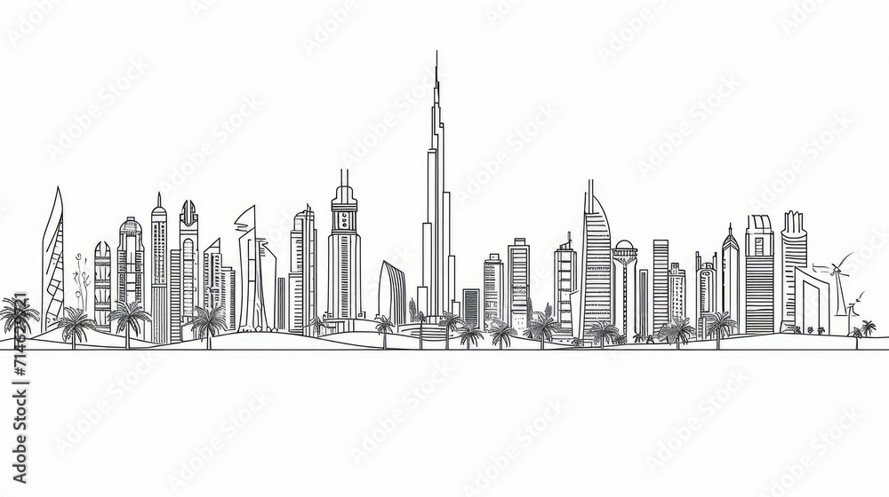 One continuous line drawing of Dubai city skyline United Arab Emirates. Beautiful city landmark. World landscape tourism and travel. Editable stylish stroke single line draw design vector illustration - obrazy, fototapety, plakaty 
