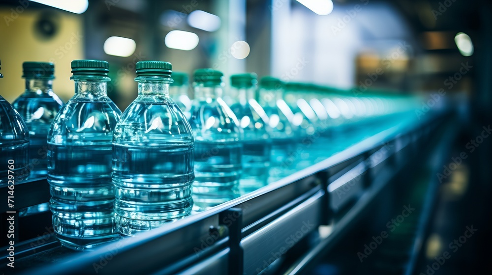 Modern beverage factory with water pet bottles on conveyor belt, advanced production equipment