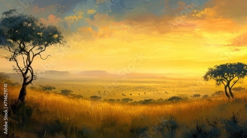  a painting of a sunset with trees in the foreground and yellow grass in the foreground, with mountains in the distance, and yellow grass in the foreground.