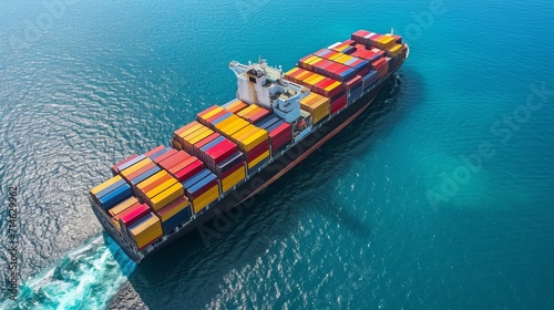 Aerial view of a massive container cargo ship sailing across the vast expanse of the open sea