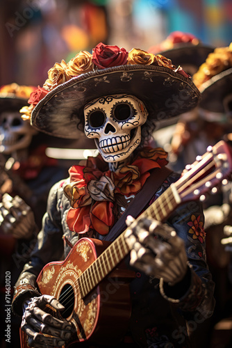 Artistically crafted mariachi skeletons adorned in sombreros play guitars in a warmly lit setting, celebrating the Day of the Dead, AI Generative.