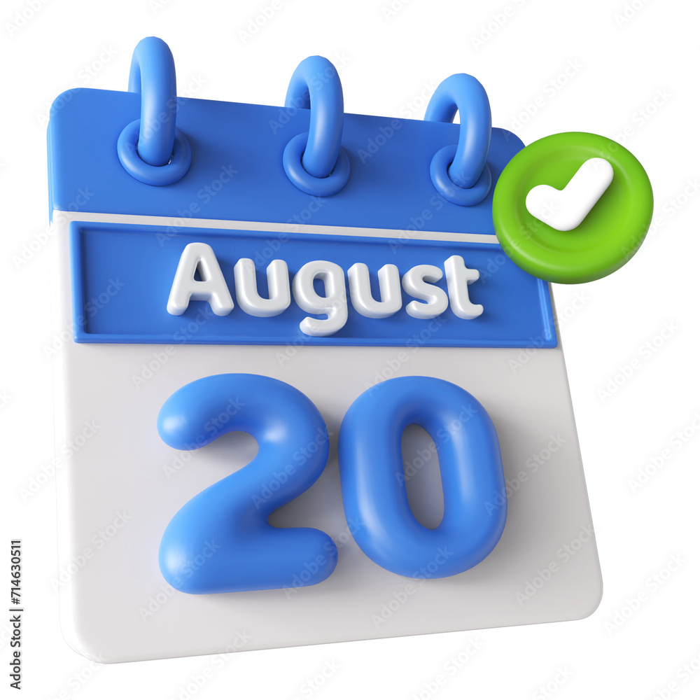 20th August Calendar Icon 3D Render with Checkmark Icon, Calendar Icon 3D Illustration