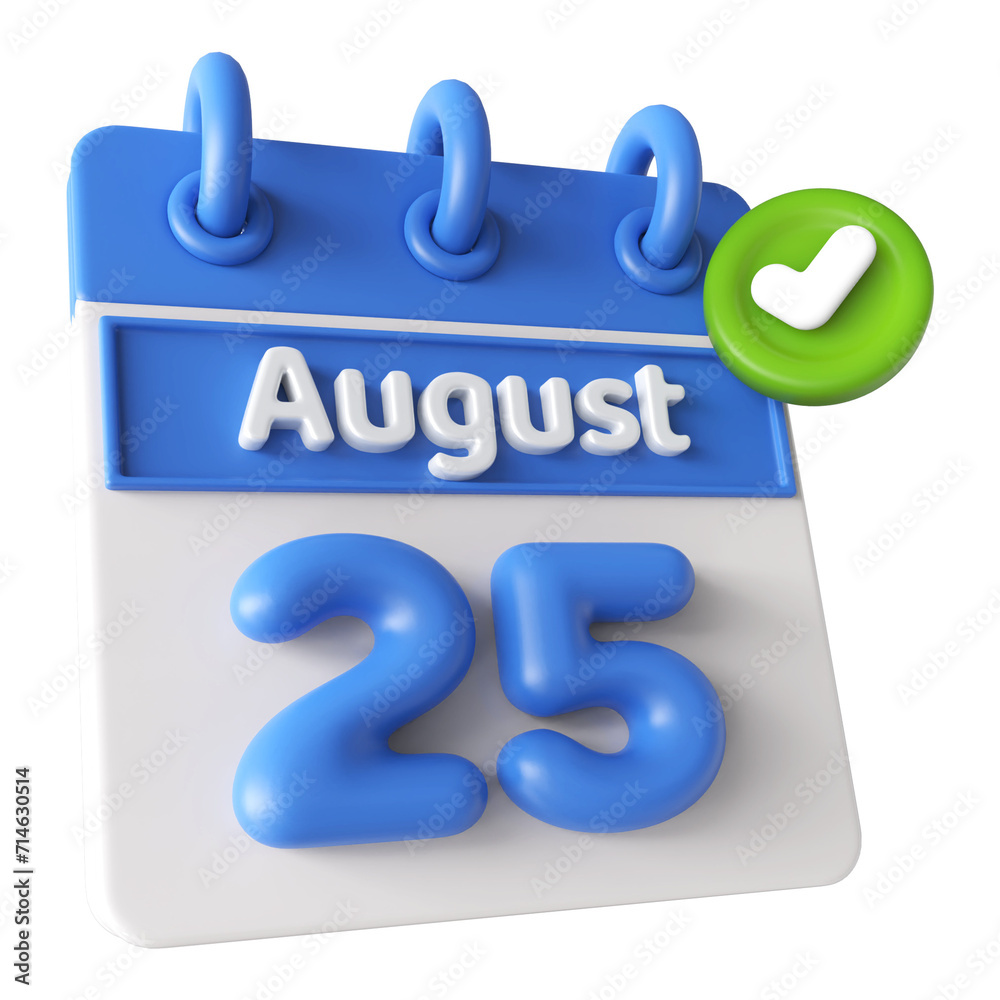 25th August Calendar Icon 3D Render with Checkmark Icon, Calendar Icon 3D Illustration 25th August Calendar Icon 3D Render with Checkmark Icon, Calendar Icon 3D Illustration