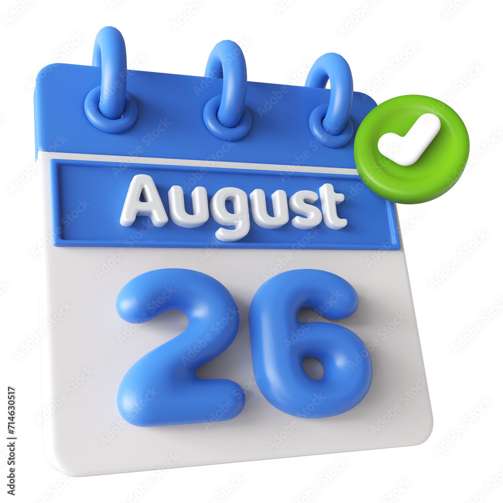 26th August Calendar Icon 3D Render with Checkmark Icon, Calendar Icon 3D Illustration
