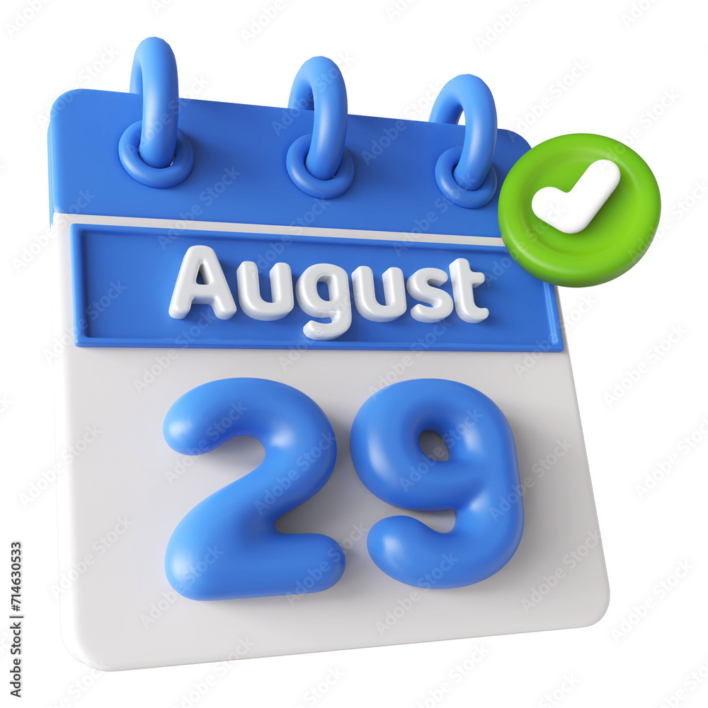 29th August Calendar Icon 3D Render with Checkmark Icon, Calendar Icon 3D Illustration