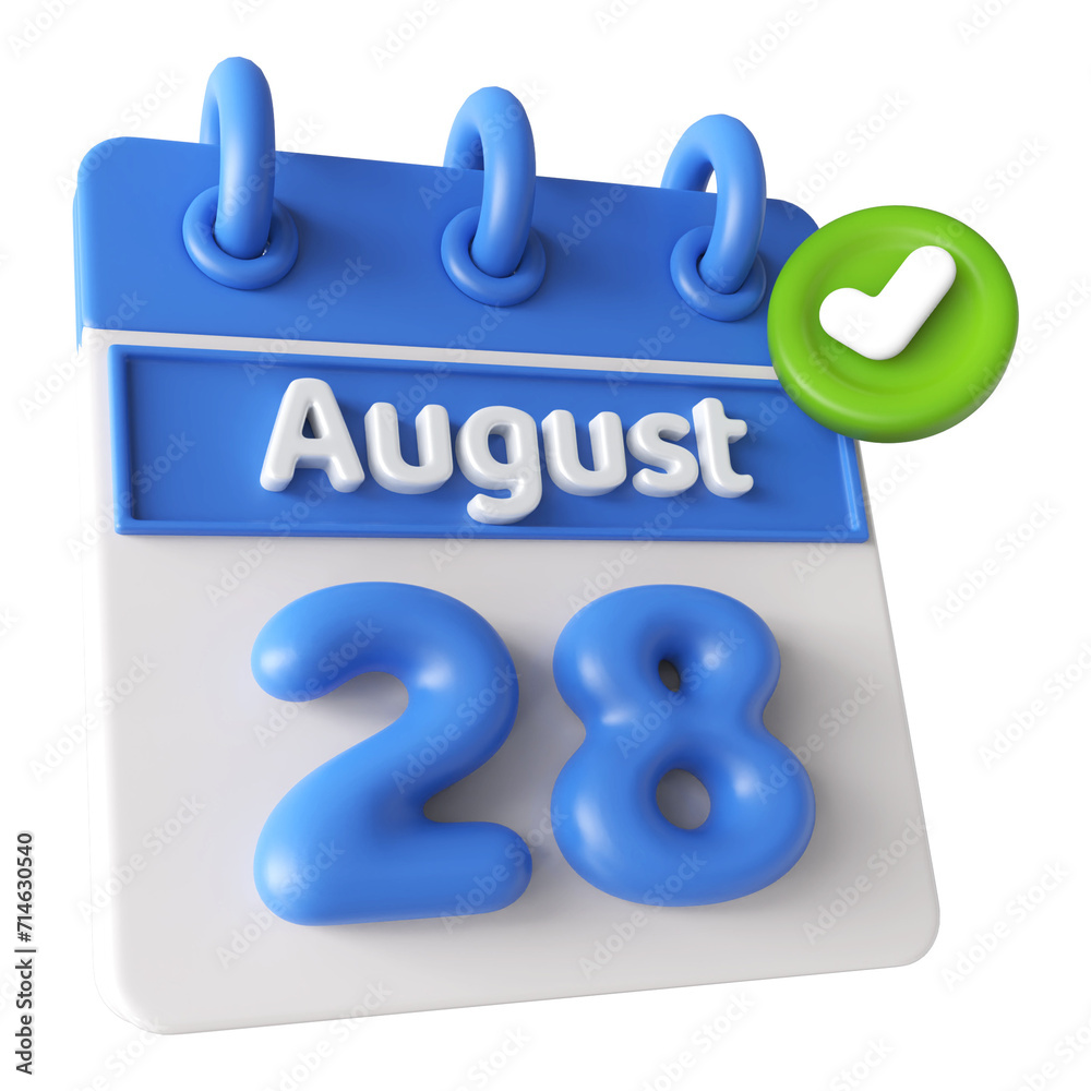 28th August Calendar Icon 3D Render with Checkmark Icon, Calendar Icon 3D Illustration