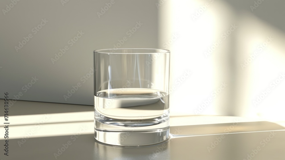 a glass of water sitting on top of a table next to a shadow of a light coming from a window on the wall behind the glass is a half - filled with water. a glass of water sitting on top of a table next to a shadow of a light coming from a window on the wall behind the glass is a half - filled with water.