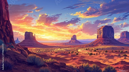  a painting of a desert scene with mountains in the background and a sunset in the foreground, with clouds in the sky, and in the foreground, and in the foreground.