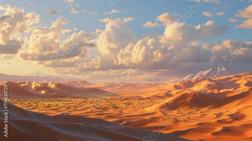  a painting of a desert scene with clouds in the sky and sand dunes in the foreground, and mountains in the distance, with sparse grass and bushes in the foreground.
