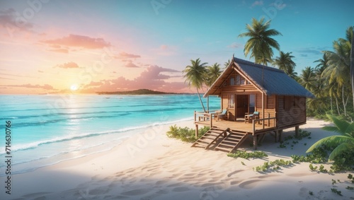 photo of wooden houses on the beach with beautiful white sand made by AI generative