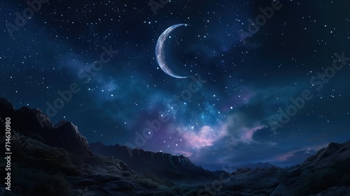  a painting of a night sky with a crescent moon and stars above a mountain range with a mountain range in the foreground and a blue sky filled with stars and clouds.