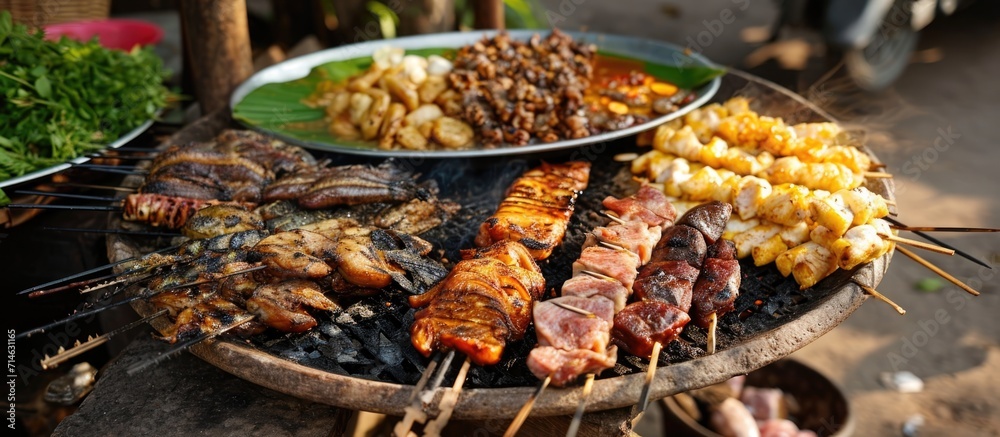 Naklejka premium Grilled meat and fish from Cambodia's Tonle Sap Lake in Siem Reap.