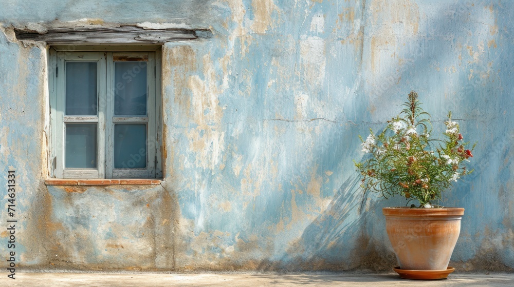  a potted plant in front of a blue wall with a window and a window sill on the right side of the wall, and a potted plant on the left side of the other side of the wall.