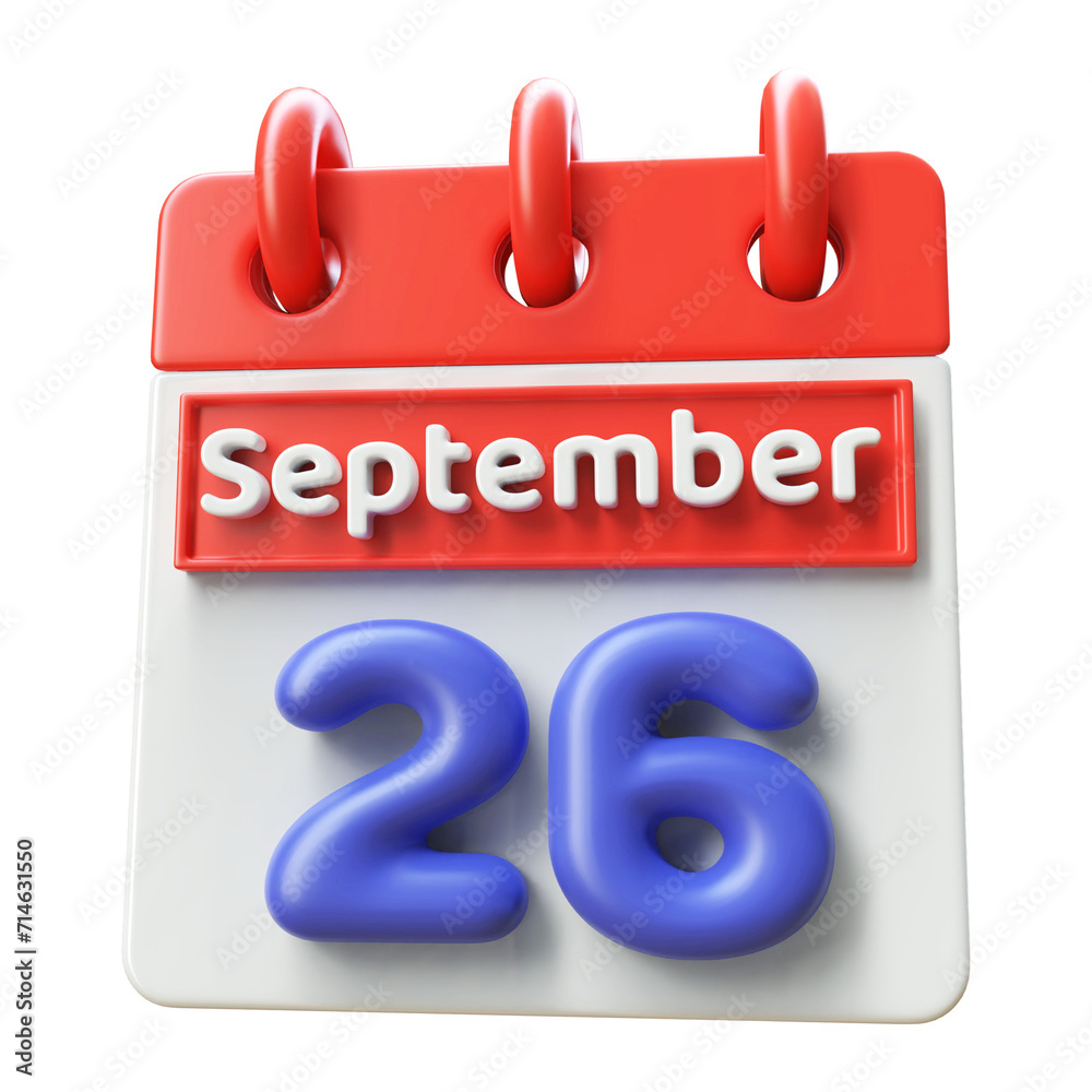 26th September Calendar Icon 3D Render, Calendar Icon 3D Illustration