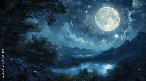  a painting of a night sky with a full moon over a mountain range and a body of water in the foreground with trees and mountains in the foreground.