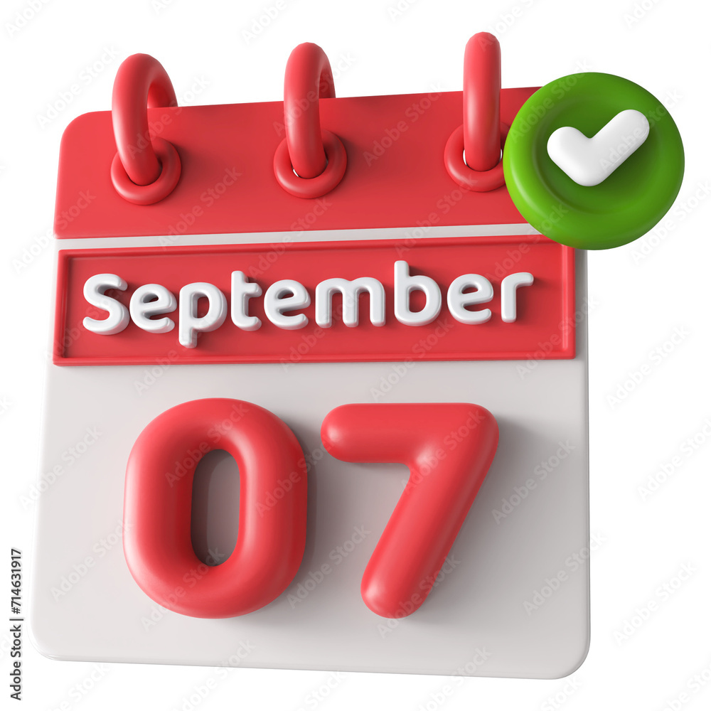 7th September Calendar Icon 3D Render With Checkmark Icon , Calendar Icon 3D Illustration 7th September Calendar Icon 3D Render With Checkmark Icon , Calendar Icon 3D Illustration