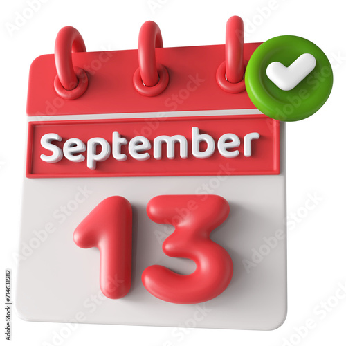 13th September Calendar Icon 3D Render With Checkmark Icon   Calendar Icon 3D Illustration