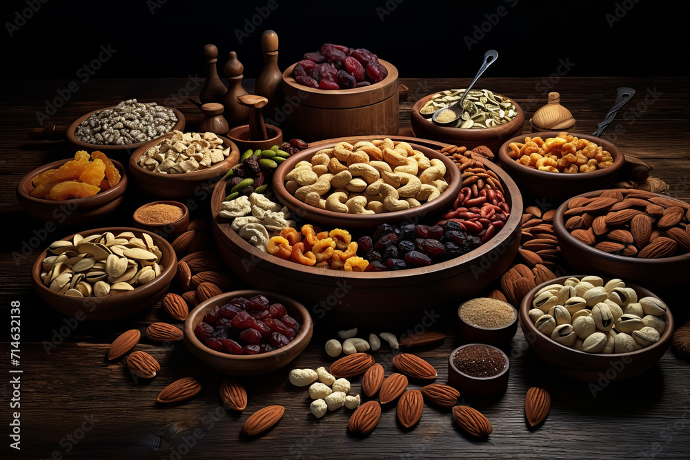 A variety of nuts and dried fruits. Generative AI A variety of nuts and dried fruits. Generative AI