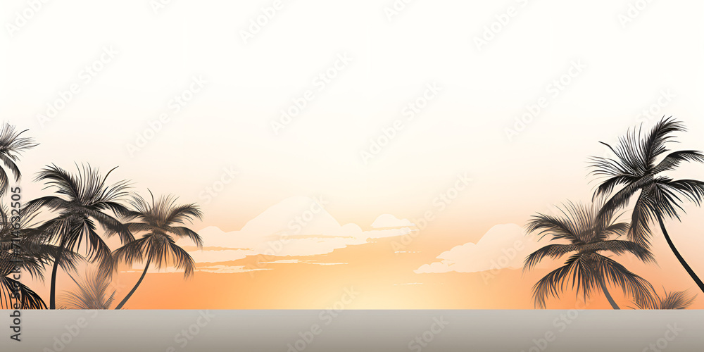 Whispers of Tranquility: Palm Tree Silhouettes Dance along the Horizon in a Majestic Sunset on the Exquisite Beachfront