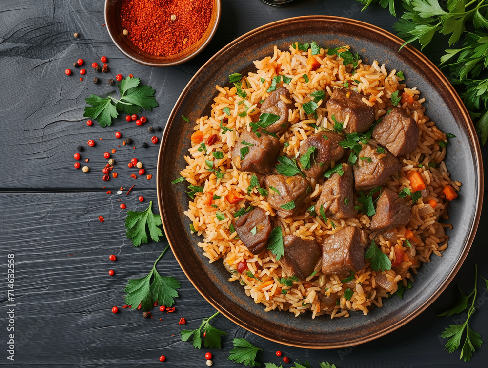 Arab rice, Ramadan food in middle east usually served with tandoor lamb. Traditional uzbek meal called pilaf. Rice with meat on plate with oriental ornament