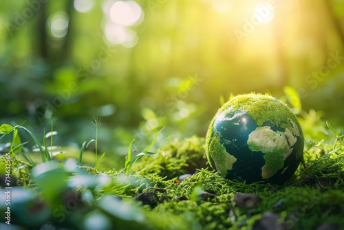 Green globe as the Earth day or environment in the forest with moss