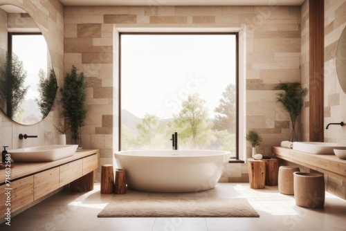 Interior home design of modern bathroom with bathtub and rustic wood decor with sandstone wall