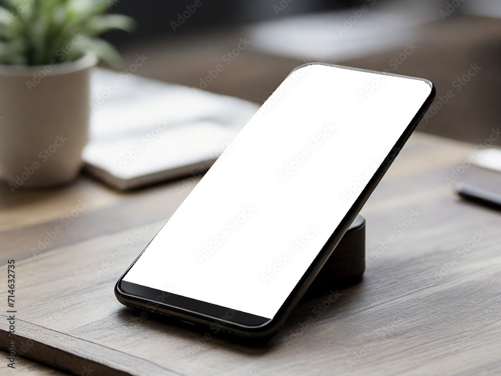 Smartphone with blank white screen on wooden table. Close up. Created using generative AI tools Smartphone with blank white screen on wooden table. Close up. Created using generative AI tools