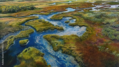  a painting of a river running through a lush green field next to a lush green field with lots of trees and grass on both sides of the riverbanks.