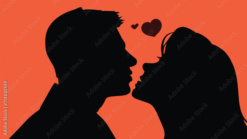 Silhouette of couple kissing on a romantic background, Valentine's day or Wedding romantic concept