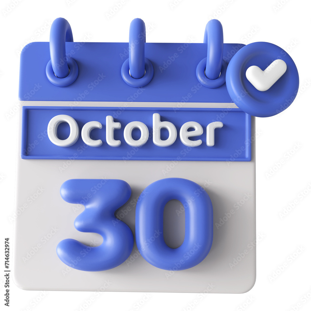 30th October Calendar Icon 3D Render With Checkmark Icon , Calendar Icon 3D Illustration