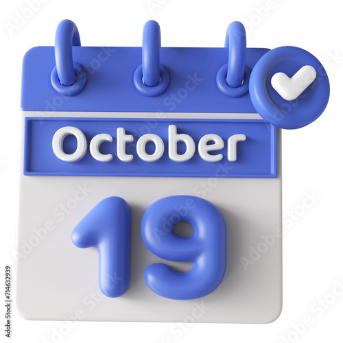 19th October Calendar Icon 3D Render With Checkmark Icon , Calendar Icon 3D Illustration photo