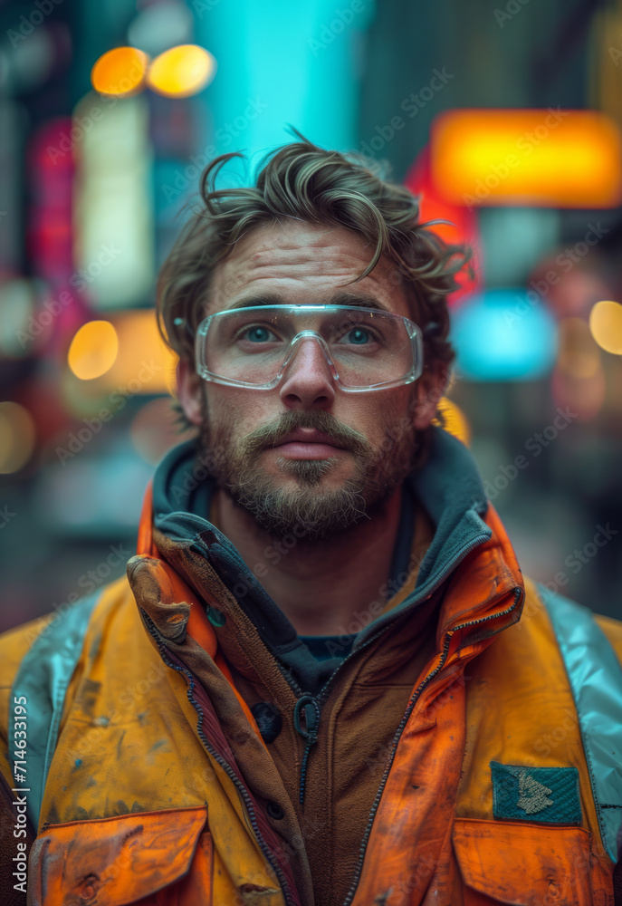 Man dressed in work vest and safety glasses. A man with a beard wearing glasses and a vest poses confidently in this photograph. Man dressed in work vest and safety glasses. A man with a beard wearing glasses and a vest poses confidently in this photograph.