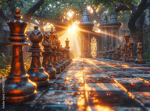 Image for chess scene in 3d. A captivating photo capturing a strategic game setup with a row of chess pieces sitting on top of a table, highlighting the challenge and concept of the game.