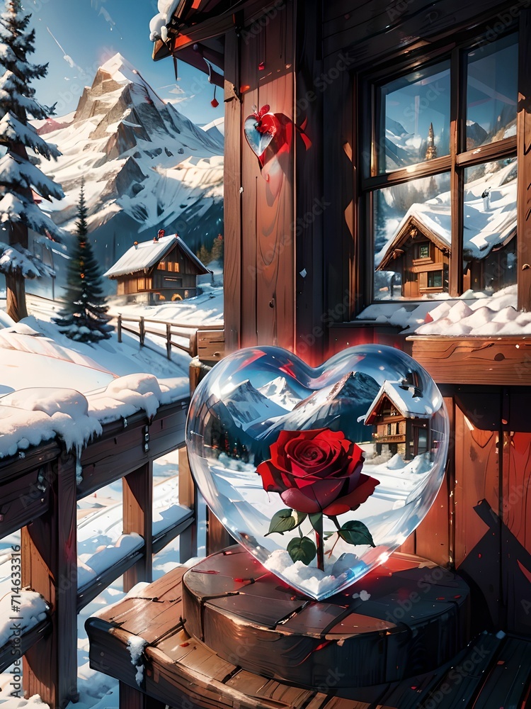 Naklejka premium a red rose imprisoned in a transparent crystal heart, in the background a snowy mountain chalet