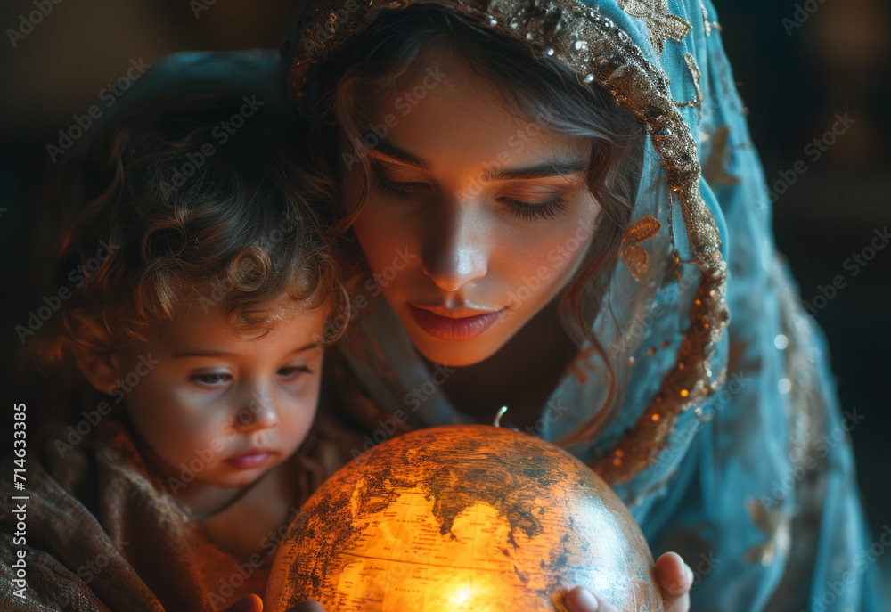 Naklejka premium Mother and daughter looking at globes. A woman and child engage in a shared experience as they study a globe, promoting curiosity and knowledge.