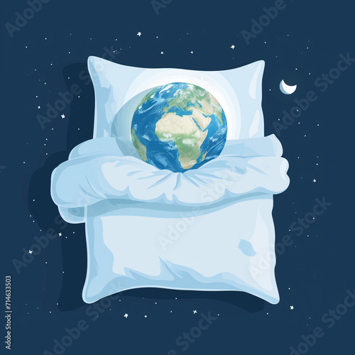 A healthcare-themed vector illustration for World Sleep Day, featuring a serene image of Earth peacefully sleeping on pillows. This visual embodies the importance of rest and well-being on a global sc photo