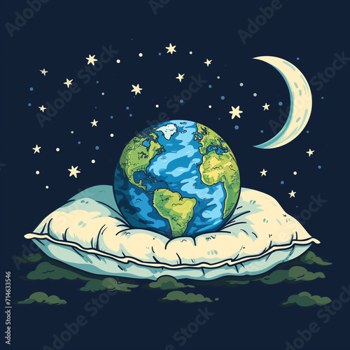A healthcare-themed vector illustration for World Sleep Day, featuring a serene image of Earth peacefully sleeping on pillows. This visual embodies the importance of rest and well-being on a global sc photo