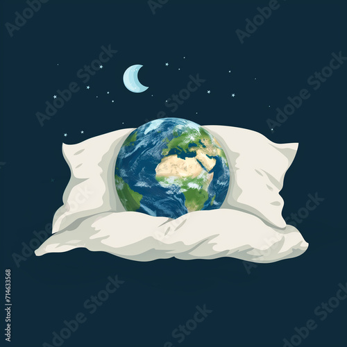 A healthcare-themed vector illustration for World Sleep Day, featuring a serene image of Earth peacefully sleeping on pillows. This visual embodies the importance of rest and well-being on a global sc photo