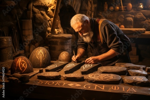 Mystic rune carvers, etching ancient symbols into stones with magical precision - Generative AI photo