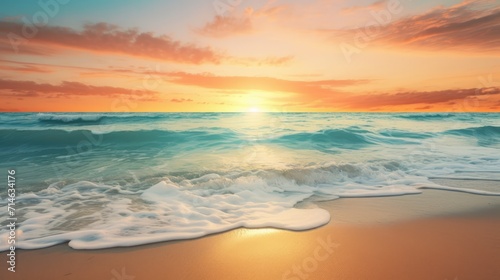 Breathtaking sunrise over a serene beach, with vibrant hues reflecting on calm waters