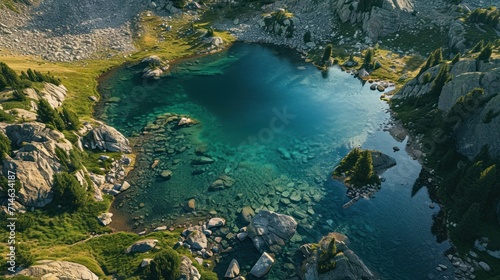  an aerial view of a mountain lake surrounded by rocks and greenery, with a clear blue body of water in the middle of the middle of the lake surrounded by large rocks.